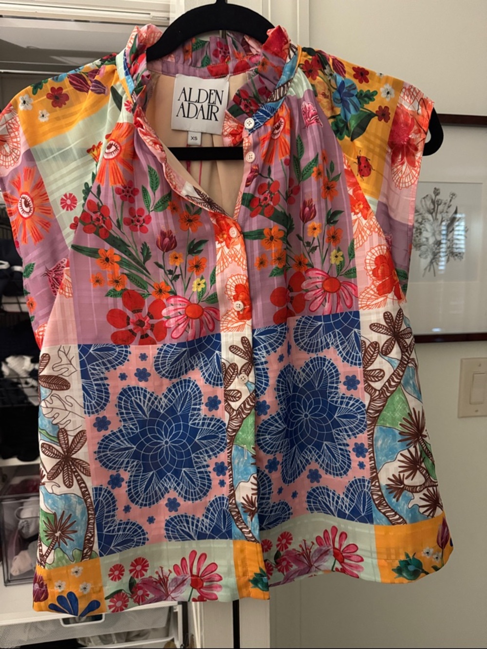 Alden Adair XS Floral Patchwork Cap-Sleeve Blouse - Multi